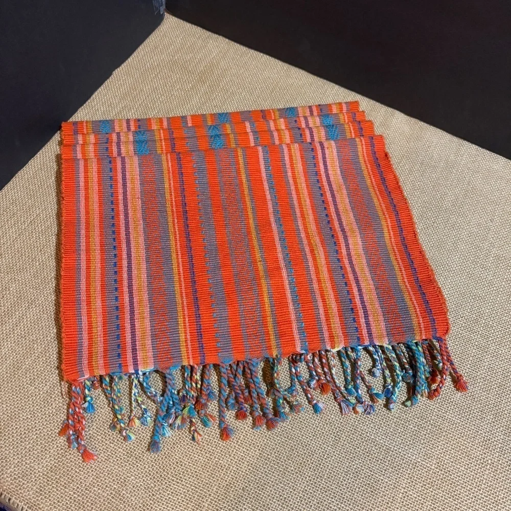 Pier 1 Placemats Woven Cotton‎ Set Of 4 Orange striped tasseled Guatemala Summer